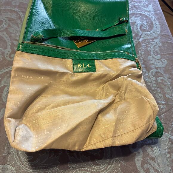 Lauren Ralph Lauren Emerald Lizard Embossed Leather RLL Gold Hardware Large Bag - Picture 7 of 16